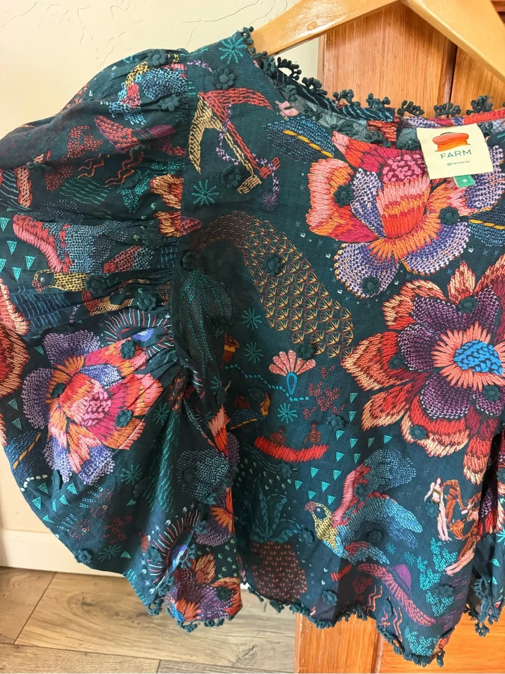 FARM Rio Vibrant Floral Embroidered Puff Sleeve Cotton Top - Size Small